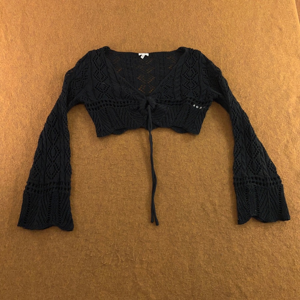 En Creme Womens S/M Black Crochet Knit Bell Sleeve Tie Front Shrug Top New